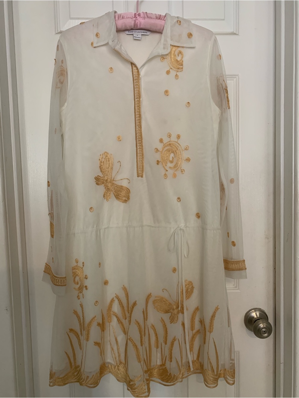 Diane Von Furstenberg Cream Dress with Gold Embroidered Butterflies Woman’s 8